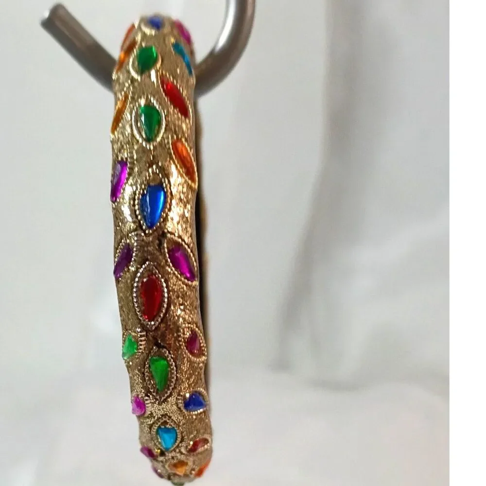 Vintage Gold Tone Multi Color Gemstone Bangle Bracelet | Colorful Jewel Inlay